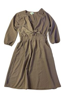 Monteau Los Angeles Brown Faux Wrap Midi Dress with Pockets - Small